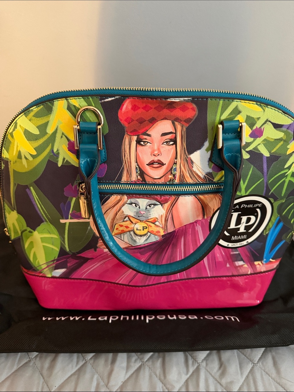 La Philippe Colorful Artist Dome Satchel - Pink & Teal